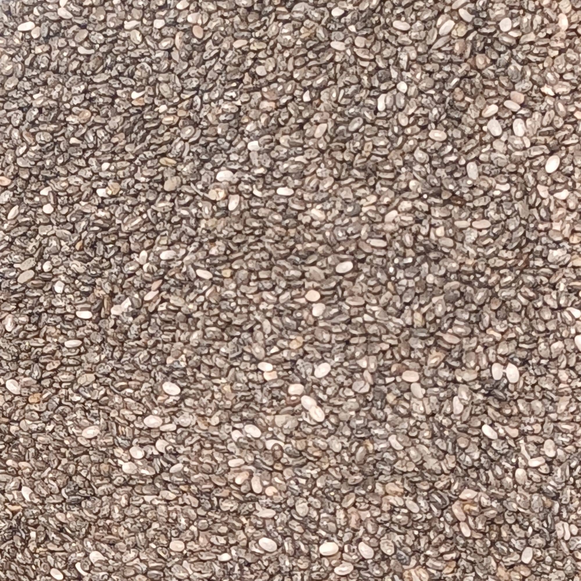 Close-up of grey and white speckled chia seeds