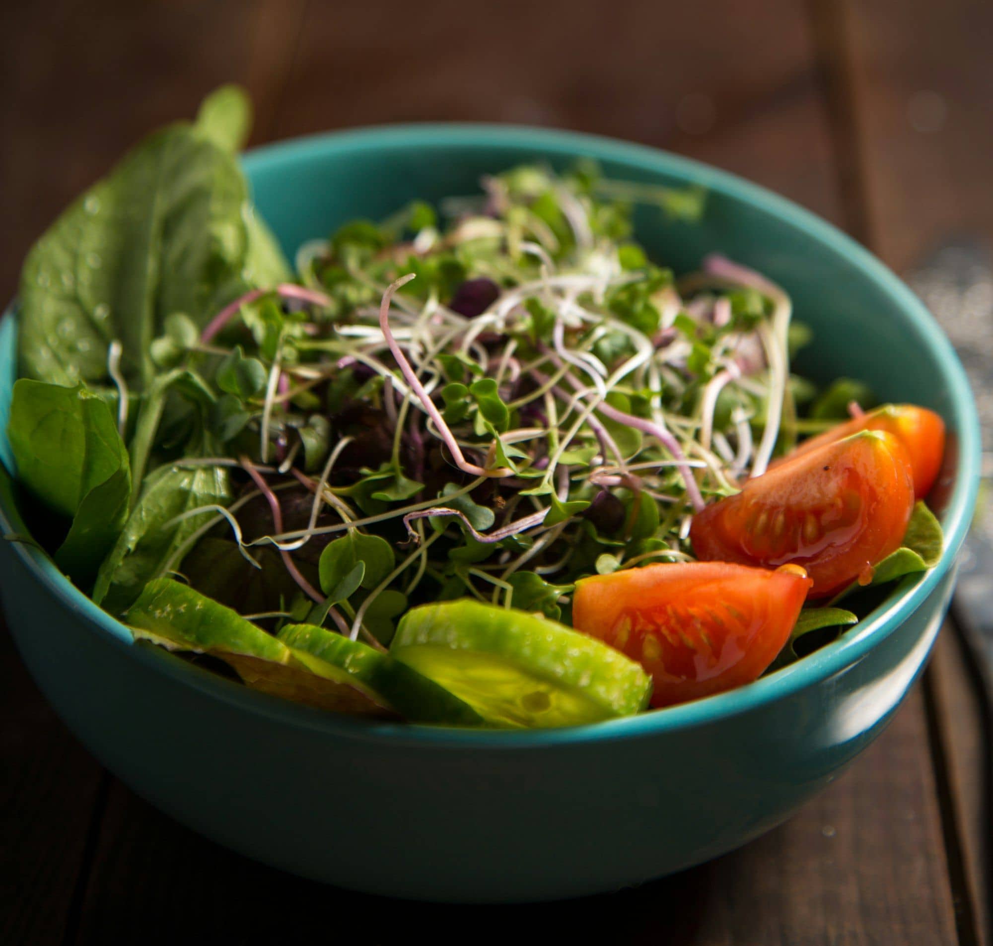 Bowl of salad with microgreens, spinach, cucumber and tomato wedges